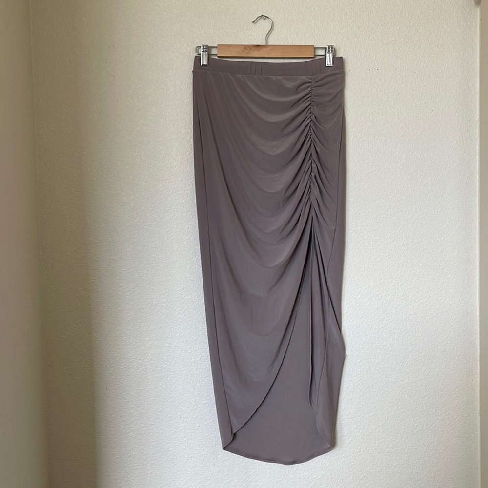Heathered Taupe Ruched Long Maxi Skirt with Slit Size L